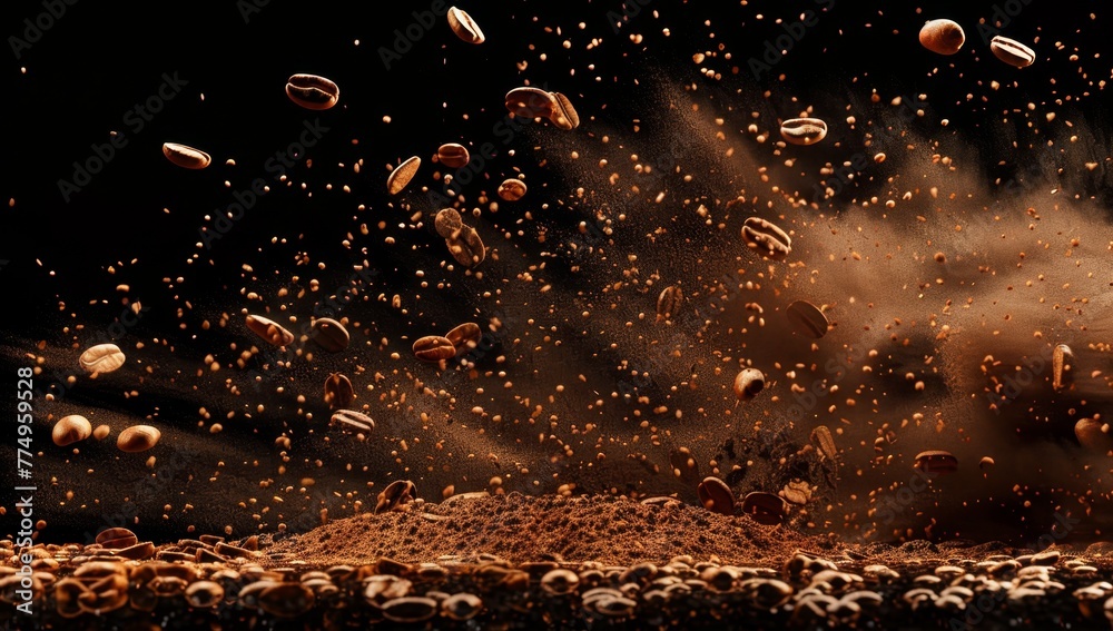 KSA photo of coffee beans falling on the ground with - obrazy, fototapety, plakaty 