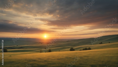 Sunset over the hills and fields, countryside nature, landscape photo background