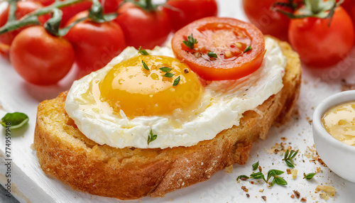 Slice of toasted bread with cream cheese eggs and tomatoes. Tasty breakfast. Delicious food.