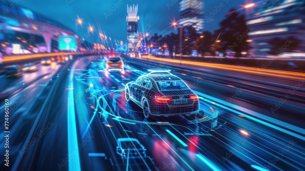 A 3D self-driving car moves automatically through a city highway. AI sensors scan the road ahead to find this vehicle