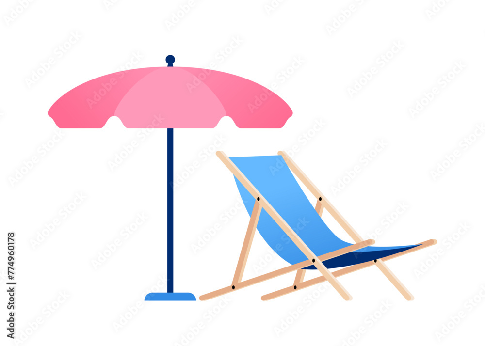 Beach umbrella and deck chair - modern flat design style single isolated image. Neat detailed illustration of attributes for rest on the sea coast. Time to sunbathe, summer vacation in Turkey idea