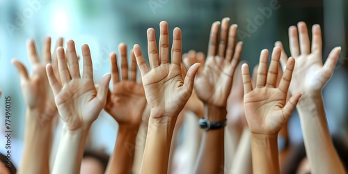 A diverse group of people raising their hands in agreement symbolizing teamwork cooperation and unity in decisionmaking. Concept Teamwork, Cooperation, Unity, Diverse Group, Decisionmaking