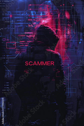 A dark silhouette human figure of a scammer with text scammer