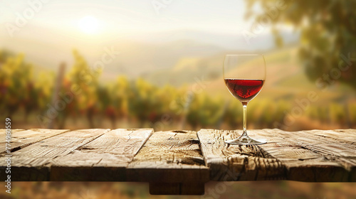 A rustic wood table top, featuring a glass of fine wine, overlooks a blurred vineyard landscape, creating an idyllic backdrop for displaying products or montages,  photo