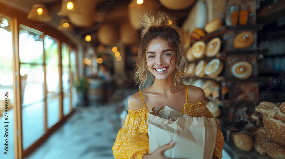 20s white latina woman holding a paper bag, shopping at organic products store 20s white latina woman holding a paper bag, shopping at organic products store