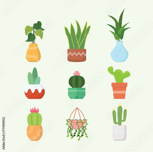 Houseplant Vector Collection Such as Succulents, Cactus, Caladium, Sansevieria, Heart Leaf Philodendron, etc
