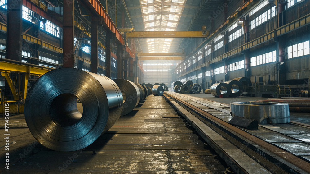 Amid the industrial setting of a factory, large rolls of metal coils, made from galvanized sheet steel, stand prominently, symbolizing the robustness and efficiency of modern steel production. Amid the industrial setting of a factory, large rolls of metal coils, made from galvanized sheet steel, stand prominently, symbolizing the robustness and efficiency of modern steel production.