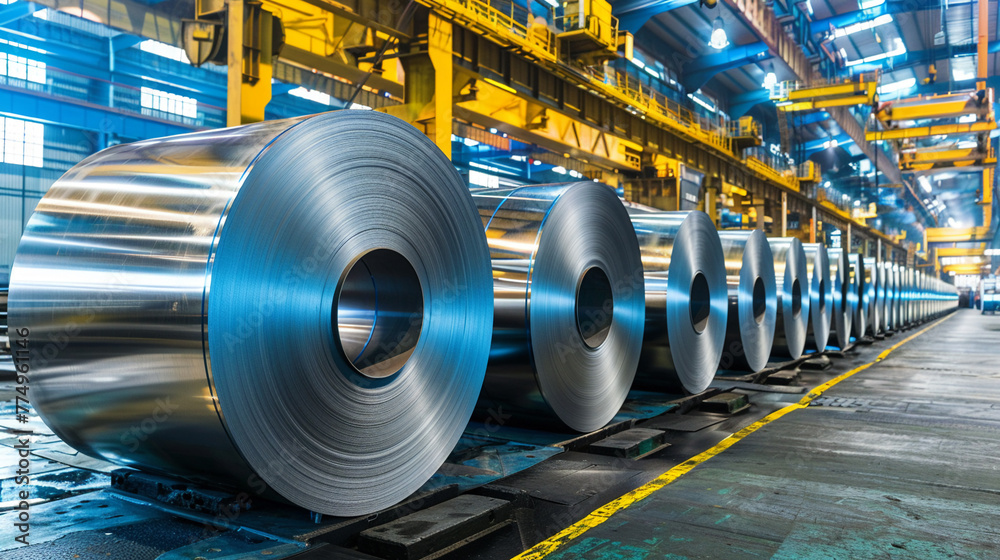 Amid the industrial setting of a factory, large rolls of metal coils, made from galvanized sheet steel, stand prominently, symbolizing the robustness and efficiency of modern steel production. Amid the industrial setting of a factory, large rolls of metal coils, made from galvanized sheet steel, stand prominently, symbolizing the robustness and efficiency of modern steel production.