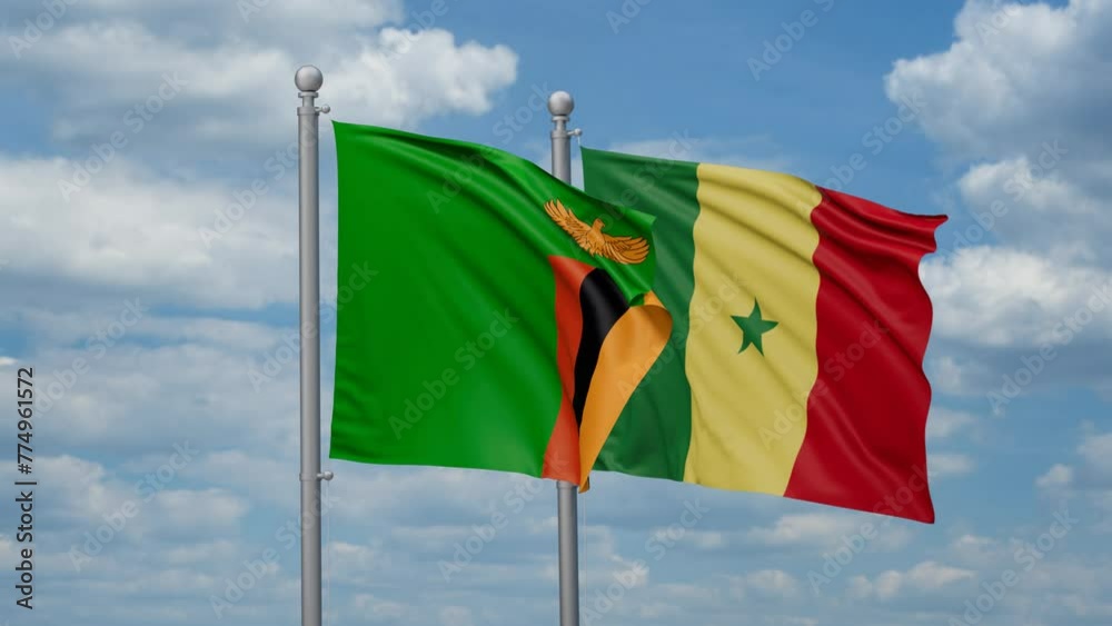 Republic of Senegal and Zambia two flags waving together, looped video, two country cooperation concept Republic of Senegal and Zambia two flags waving together, looped video, two country cooperation concept