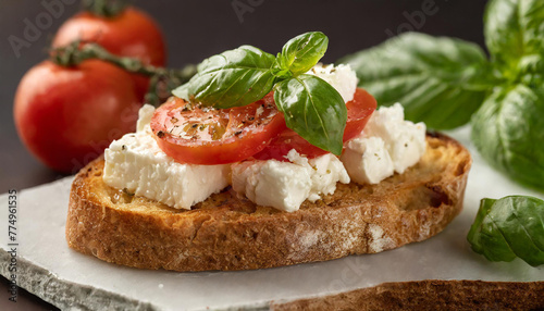 Slice of toasted bread with feta, tomatoes and basil leaves. Tasty breakfast. Delicious food.