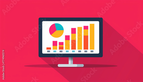 Computer screen displaying charts and graphs banners showing statistics, kpi results and goals, startup business concept