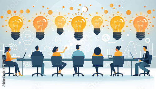 Vector flat illustration, business meeting and brainstorming, business concept for teamwork, searching for new solutions, little people are sitting on light bulbs in search of ideas - Vector