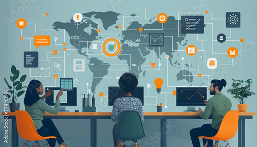 people connecting together, learning or meeting online with teleconference, video conference remote working on laptop computer, work from home and work from anywhere concept, flat vector illustration