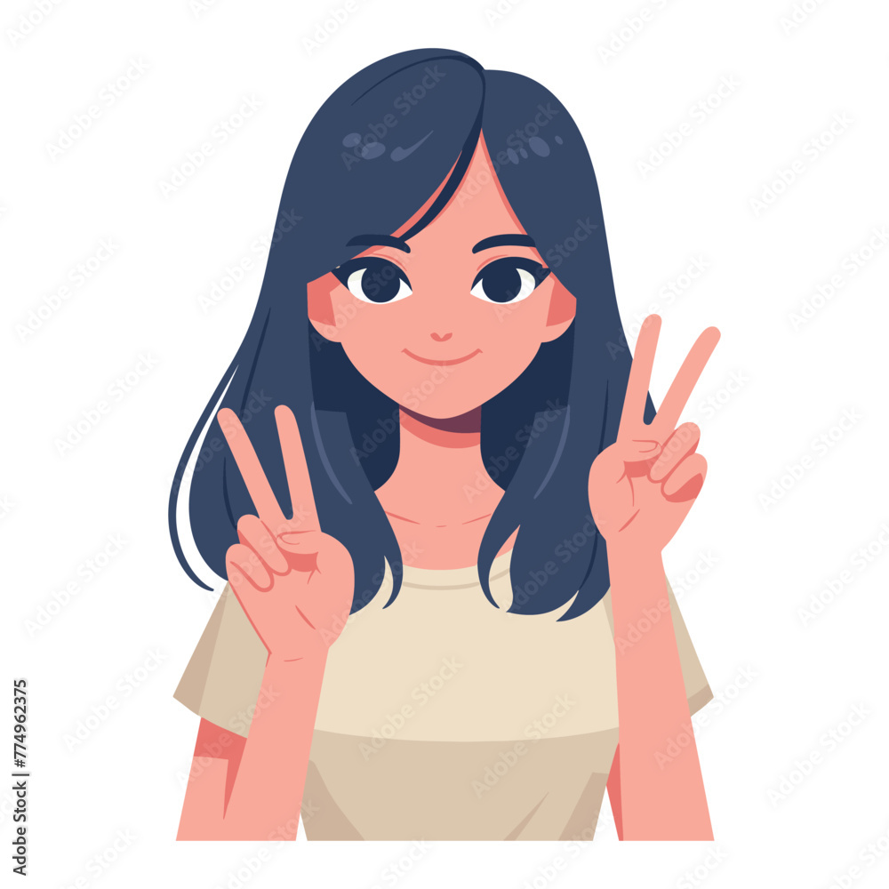 Woman showing peace sign design illustration, happy female gesturing peace victory sign with hand, joyfulness, gladness, positive emotion vector template isolated on white background Woman showing peace sign design illustration, happy female gesturing peace victory sign with hand, joyfulness, gladness, positive emotion vector template isolated on white background