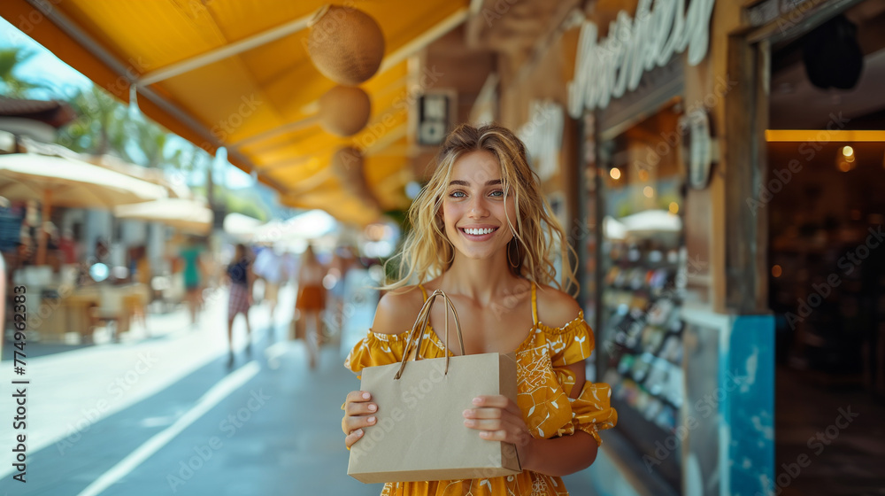 White woman holding a brown paper bag in a busy shopping area, wearing summer dress 