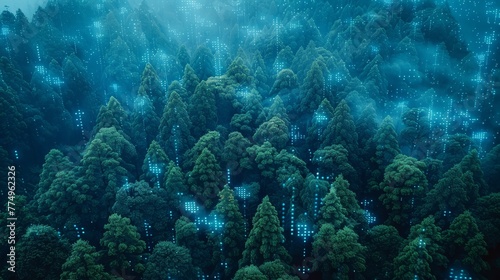 A surreal forest where trees communicate wirelessly