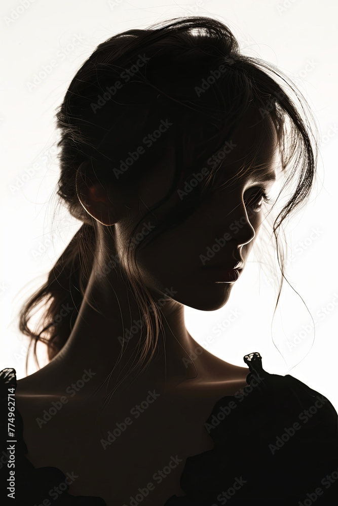 Naklejka premium A dark silhouette figure of young woman on white background, with unclear face feature