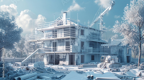 Construction of house, site bustling, crane in action, blueprints clear, safety gear, 3D render © arhendrix