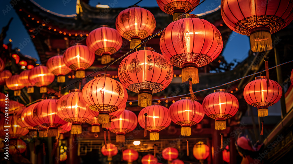 Vibrant red lanterns illuminate a temple symbolizing good fortune and joy in Chinese culture during festivities