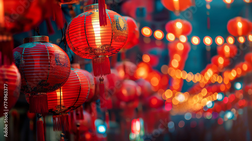 An array of red Chinese lanterns casts a warm glow over a cultural celebration, symbolizing happiness and reunions