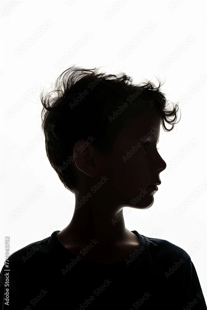 A dark silhouette figure of young boy on white background, with unclear face feature A dark silhouette figure of young boy on white background, with unclear face feature