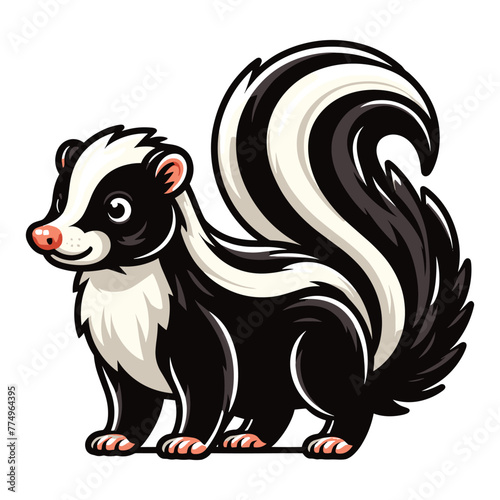 Skunk full body vector illustration, fauna animal concept, wild mammal skunk with a large fluffy tail and black white stripe along the body. Design template isolated on white background