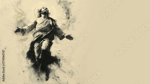 The resurrected Jesus Christ ascending to heaven in charcoal sketch