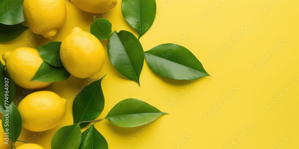 Lemons and lemons with green leaves on a yellow background. top view