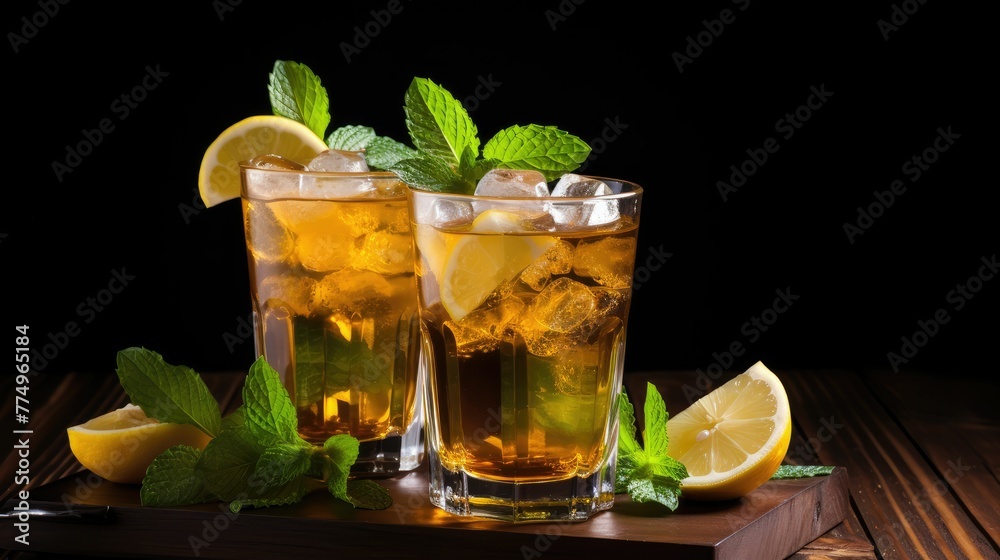 Iced tea with lemon and mint on dark wooden background Iced tea with lemon and mint on dark wooden background