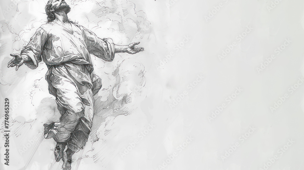 The resurrected Jesus Christ ascending to heaven in pencil sketch The resurrected Jesus Christ ascending to heaven in pencil sketch
