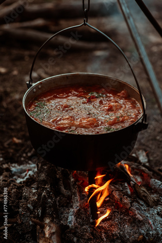 flavorful tomato soup cooked over a fire in a cauldron. Borscht on the grill. Food on vacation outdoors