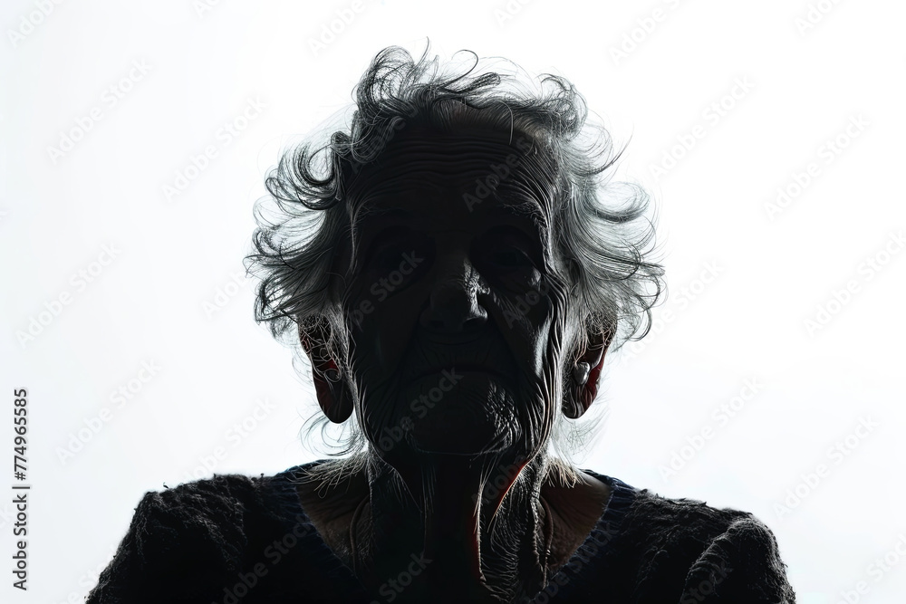 A dark silhouette figure of an elderly woman on white background, with unclear face feature