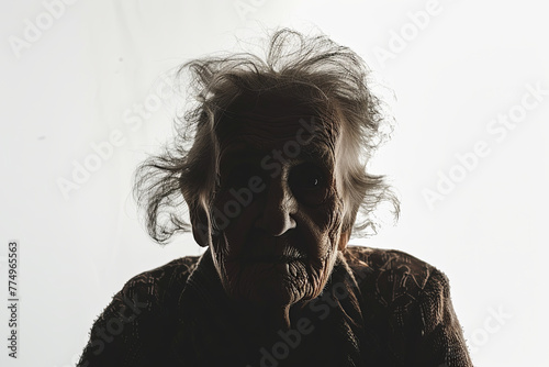 A dark silhouette figure of an elderly woman on white background, with unclear face feature