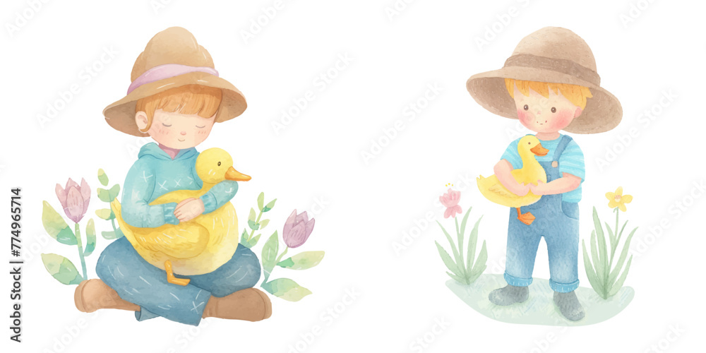 Fototapeta premium cute kid with duck watercolor vector illustration