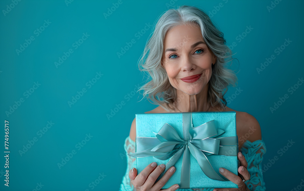 A mature woman holding a large gift box on a blue background, symbolizing holiday surprise and appreciation for a birthday or anniversary. A mature woman holding a large gift box on a blue background, symbolizing holiday surprise and appreciation for a birthday or anniversary.