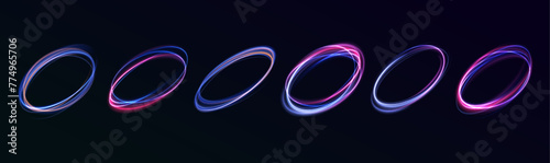 Set of neon blurry light circles at motion . Vector swirl trail effect. Abstract vector fire circles, sparkling swirls and energy light spiral frames. 
