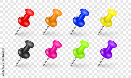 Sewing needle or plastic push pins tacks for paper notice. Set of colorful push pin tack in different foreshortening isolated on transparent background. Realistic thumbtacks. Vector illustration.
