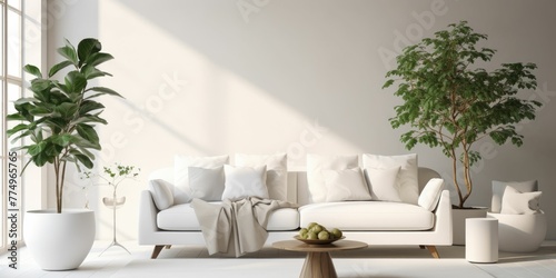 Modern Scandinavian home interior design characterized by an elegant living room featuring a comfortable sofa, wooden floor, white walls and home plants.