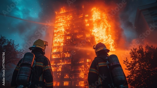 Firefighters Battling Massive Urban Fire at Night