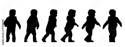 Vector concept conceptual black silhouette of a little child walking  from different perspectives isolated on white background. A metaphor for curiosity, fun, childhood, family, happiness  and love