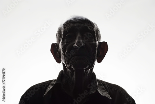A dark silhouette figure of an elderly man on white background, with unclear face feature © grey