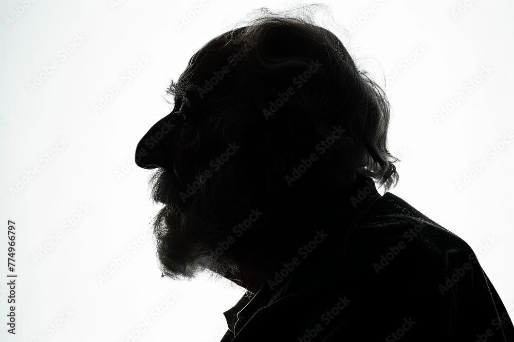 A dark silhouette figure of an elderly man on white background, with unclear face feature