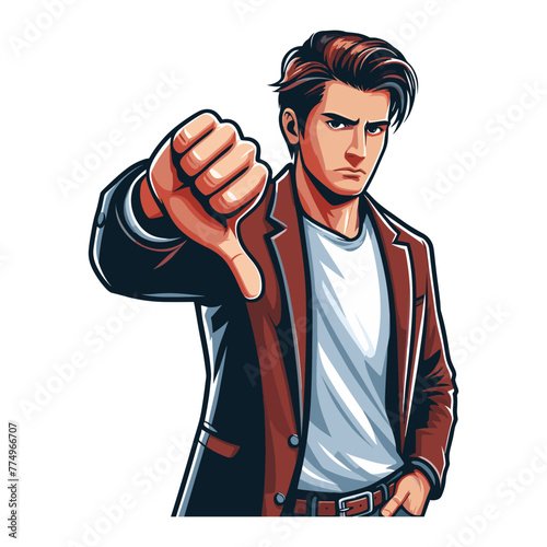 Man showing thumbs down design illustration, unhappy male gesturing dislike, disapproval sign, negative expression, disagreement. vector template isolated on white background