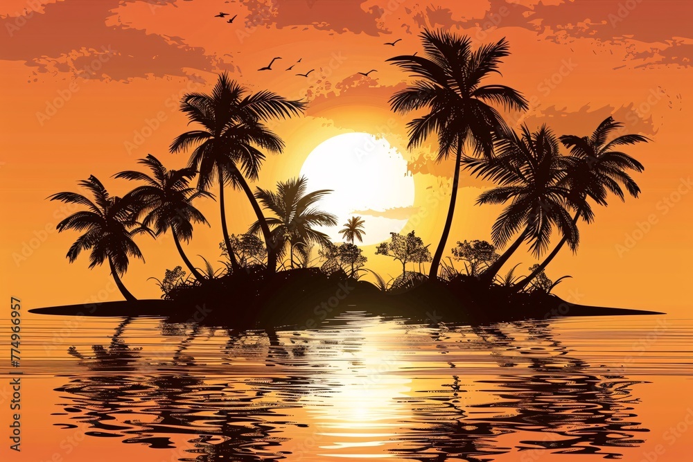 a sunset over a tropical island
