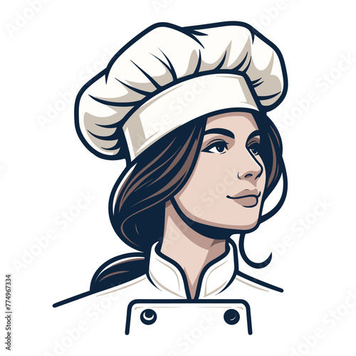 Beautiful woman chef mascot logo design illustration, restaurant business concept, female character with hat and chef uniform, vector template isolated on white background