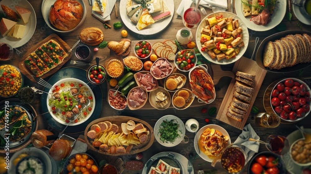 Abundant Food Table Top View, overhead shot of a festive table filled with an abundance of various dishes, bread, and desserts, inviting a communal feast Abundant Food Table Top View, overhead shot of a festive table filled with an abundance of various dishes, bread, and desserts, inviting a communal feast