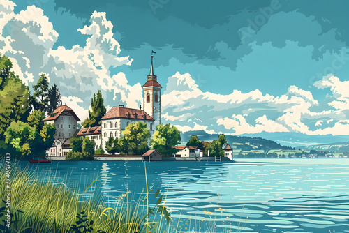 Malerei des Bodensees: Idyllische Landschaft mit klarem Wasser und Alpenpanorama photo
