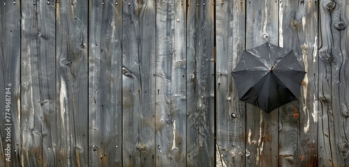 A solitary umbrella rests against a weathered wooden fence.