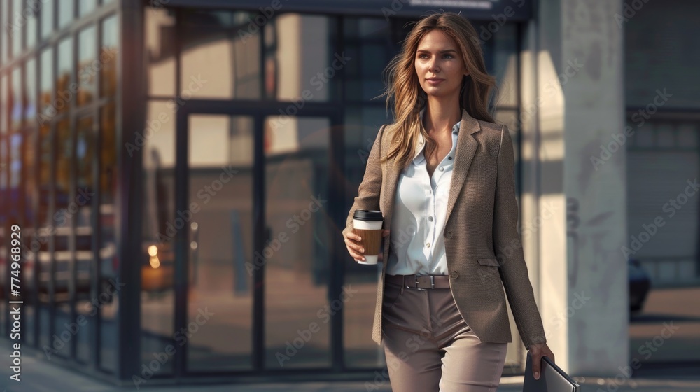 Confident Commute, successful woman walks confidently on the city streets, a coffee in hand, embodying style and determination