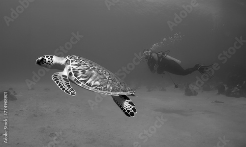 Fototapeta Naklejka Na Ścianę i Meble -  a diver and a sea turtle on a reef in the caribbean sea